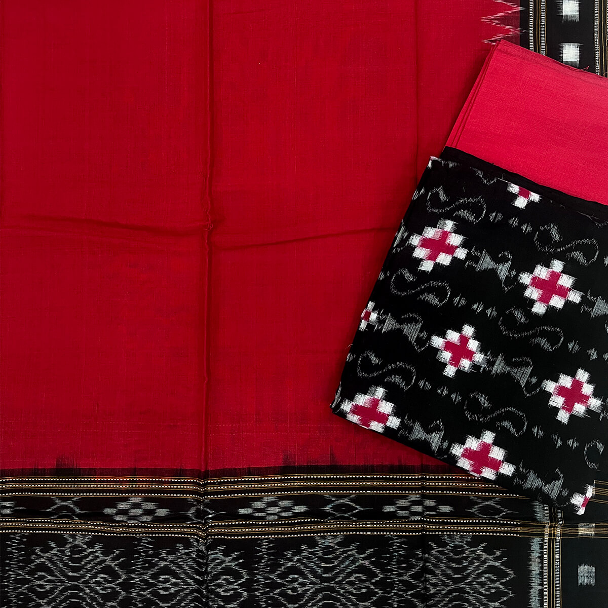 White and Red Sambalpuri cotton Dress material – Boyanika Odisha