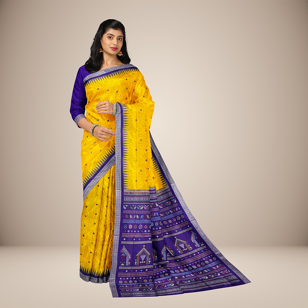 Grey bronze yellow dark scarlet cotton handwoven sambalpuri saree – GoCoop