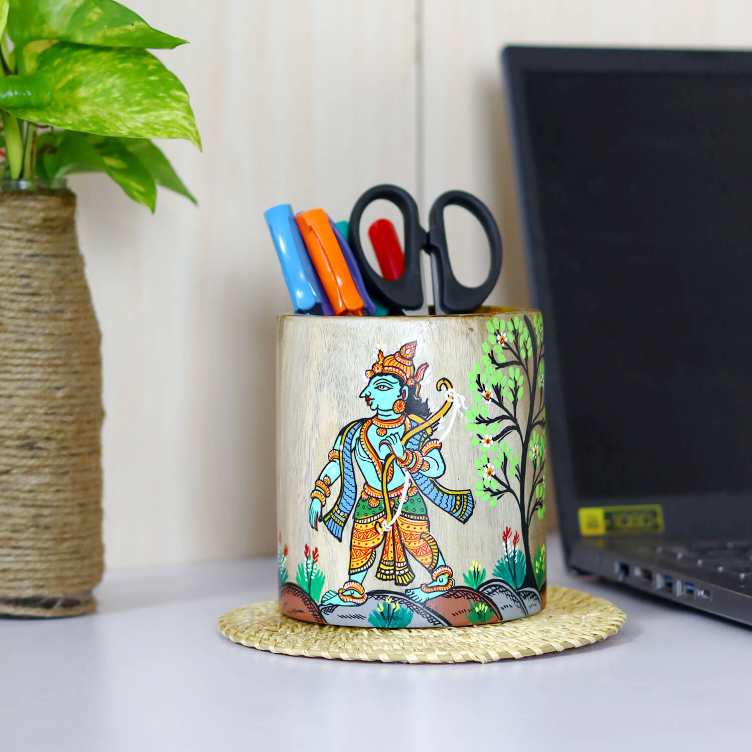 Pen Holder, Handmade Hand Painted Pen Holder, Jagannath Art Wooden Pen Stand,  Handicraft Pen, Pencil Brush Holder, Pattachitra Art Pen Stand 