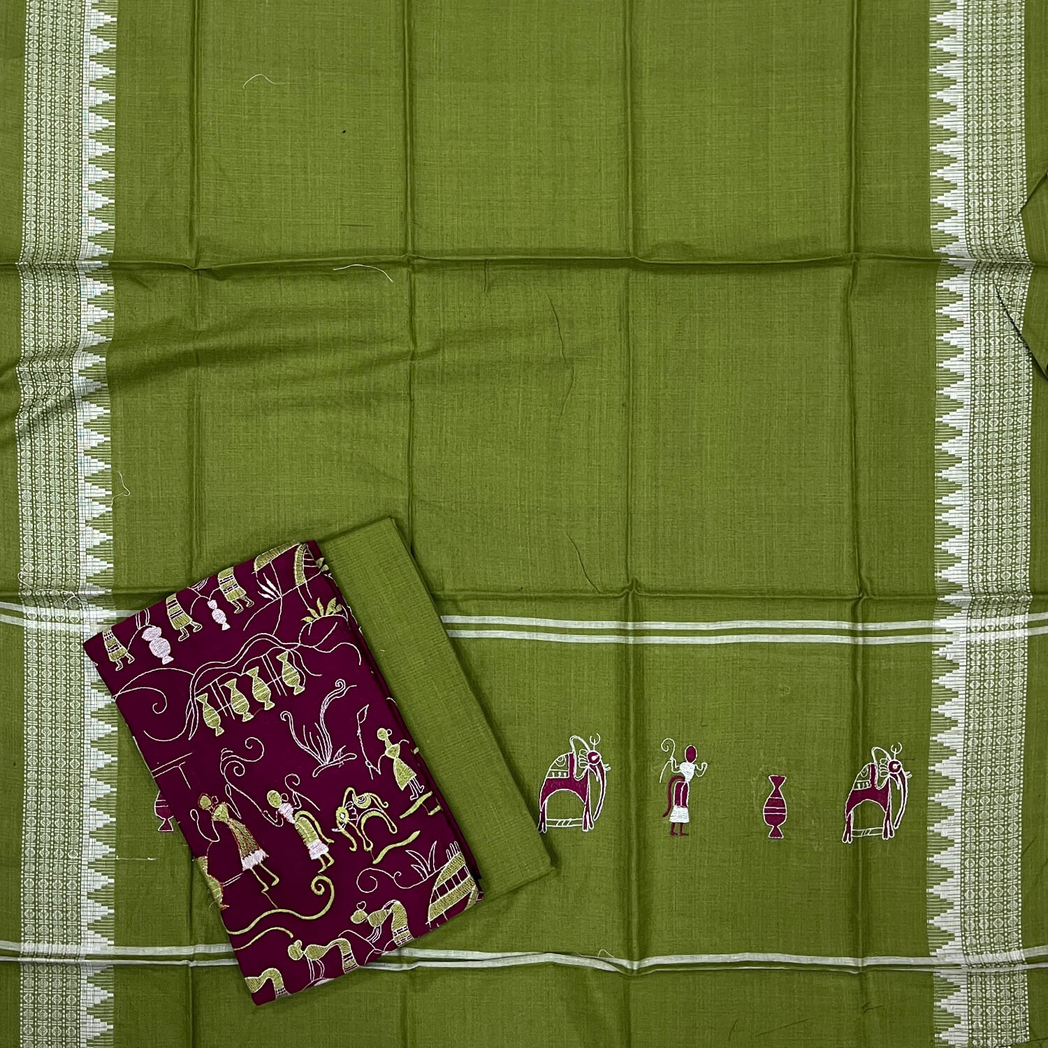 Bomkai cotton blouse piece. Deep Maroon color, 90 cms
